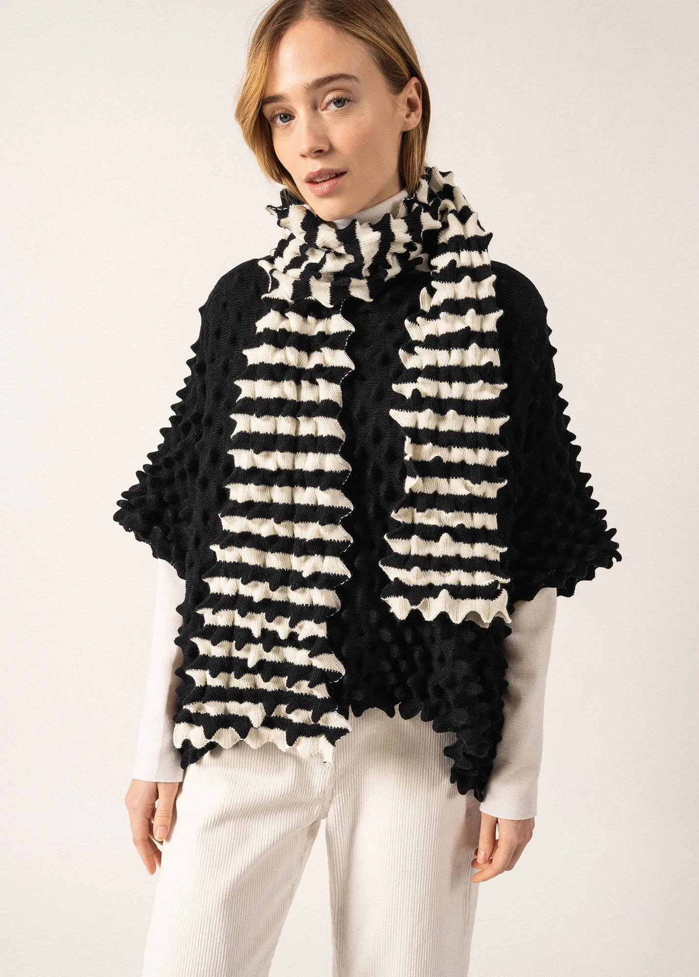 ALVEOLE - Long Fancy Knit Striped Scarf (IVORY / NAVY)