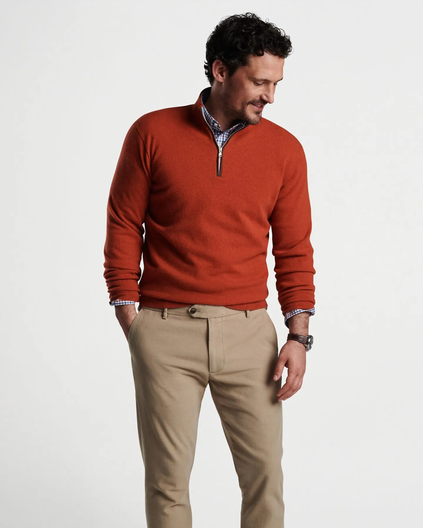 ARTISAN CRAFTED CASHMERE FLEX 1/4 ZIP SWEATER - UMBER