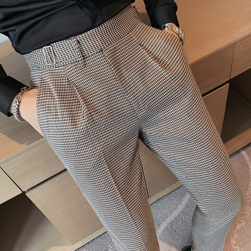 British Casual Men Dress Pant Thousand Bird Grid High Waist Straight Pants Fashion Men Trousers Formal Track Pants Mens Clothing