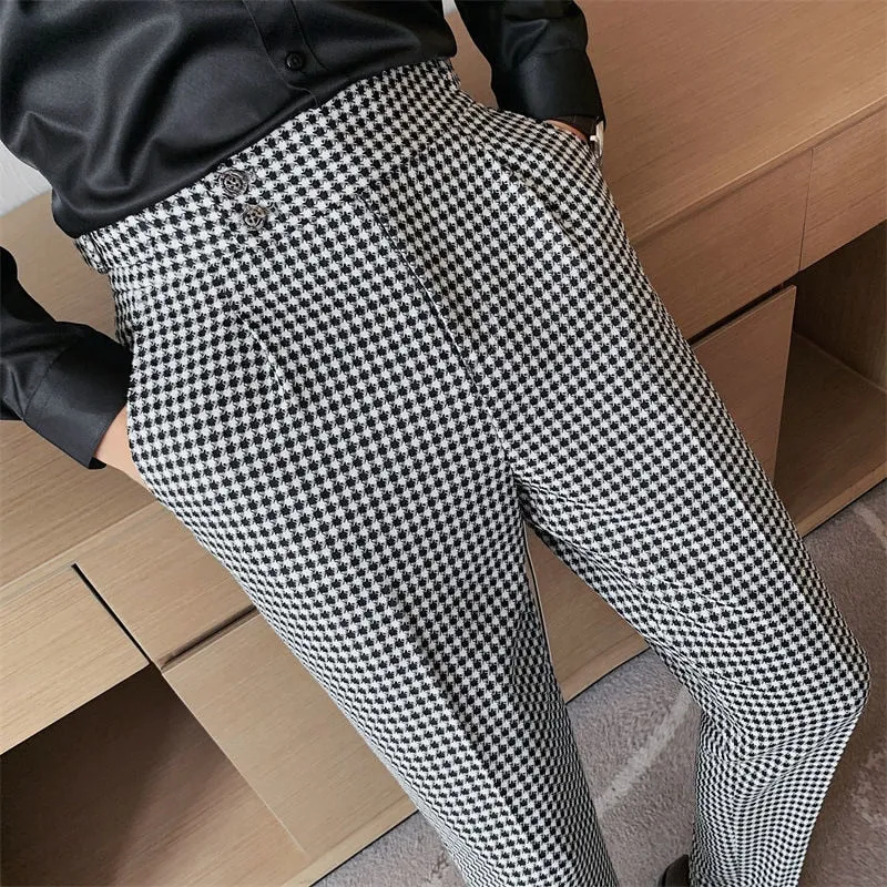 British Casual Men Dress Pant Thousand Bird Grid High Waist Straight Pants Fashion Men Trousers Formal Track Pants Mens Clothing