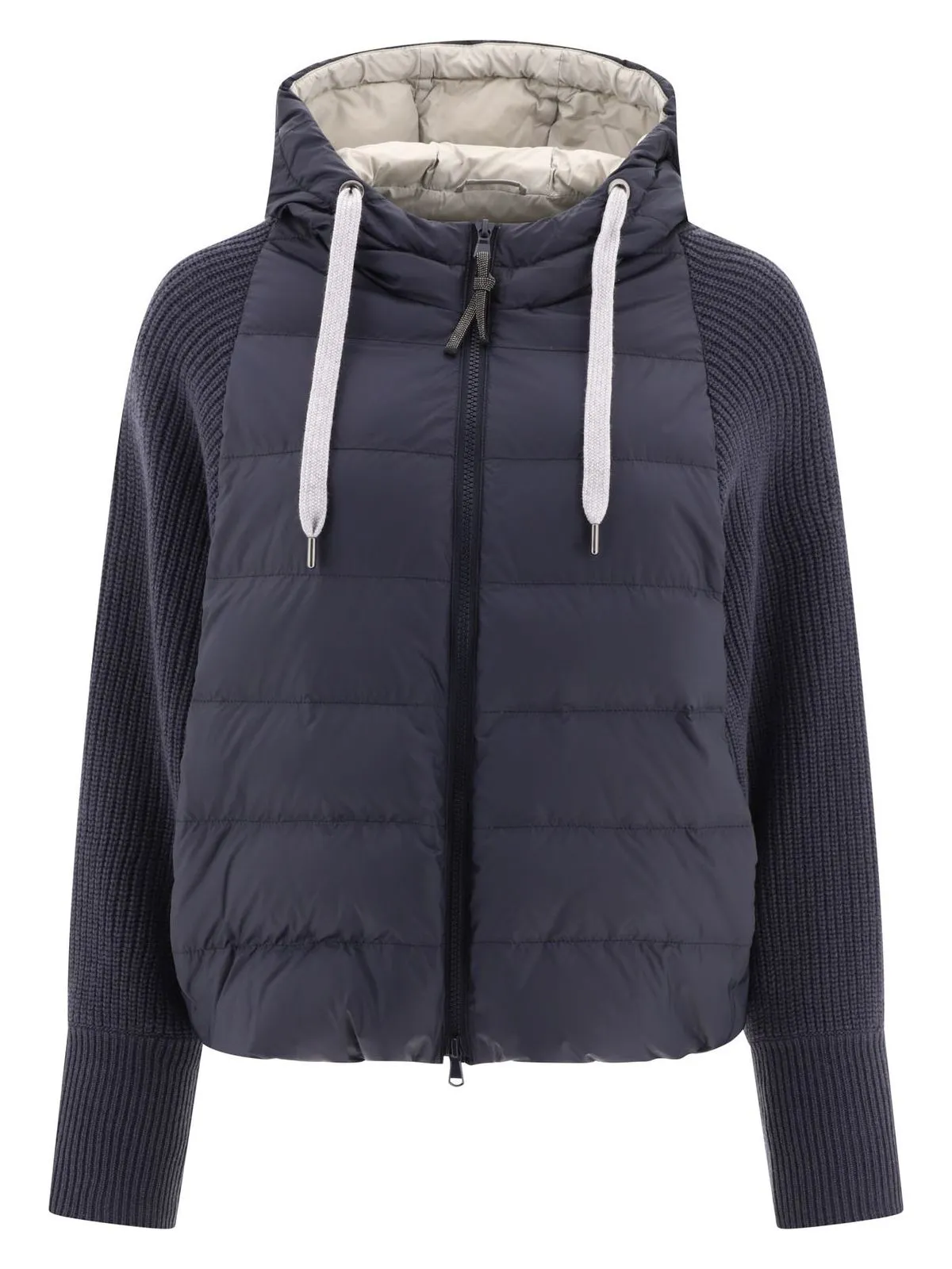 DOWN JACKET WITH MONILI, KNITTED HOOD AND SLEEVES