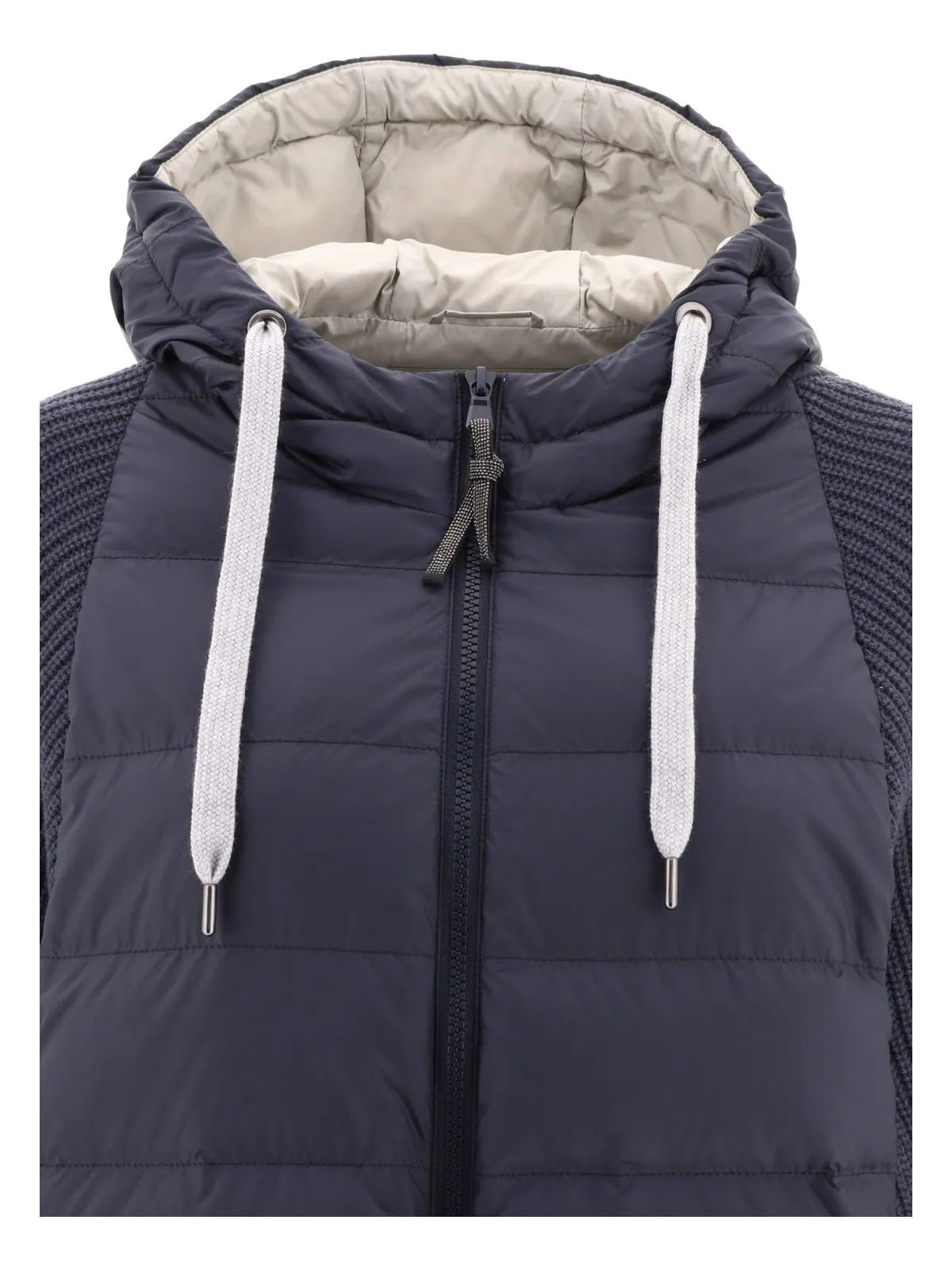 DOWN JACKET WITH MONILI, KNITTED HOOD AND SLEEVES