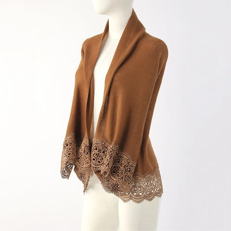 Elegant Lace Trim Soft Cashmere Shawl Wrap