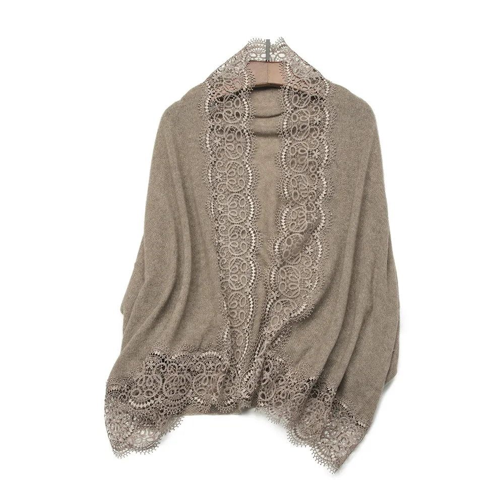 Elegant Lace Trim Soft Cashmere Shawl Wrap