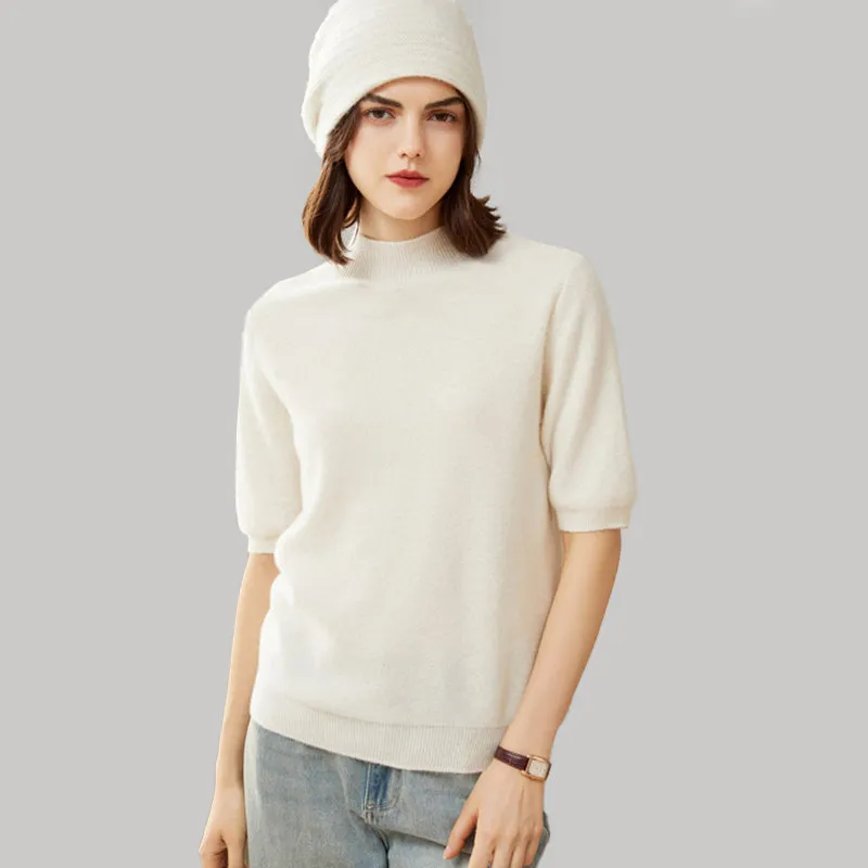 Elegant Mock Neck Short Sleeve Cashmere Pullover Sweater For Women CP012