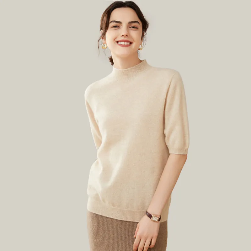 Elegant Mock Neck Short Sleeve Cashmere Pullover Sweater For Women CP012