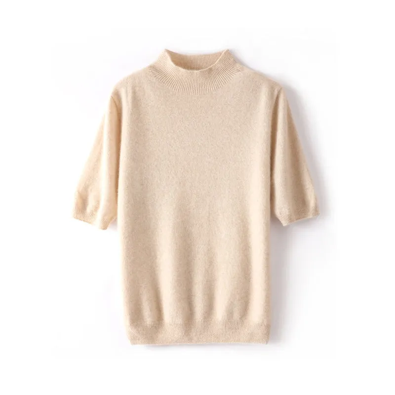 Elegant Mock Neck Short Sleeve Cashmere Pullover Sweater For Women CP012