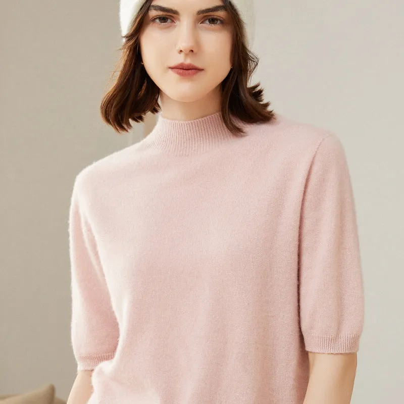 Elegant Mock Neck Short Sleeve Cashmere Pullover Sweater For Women CP012