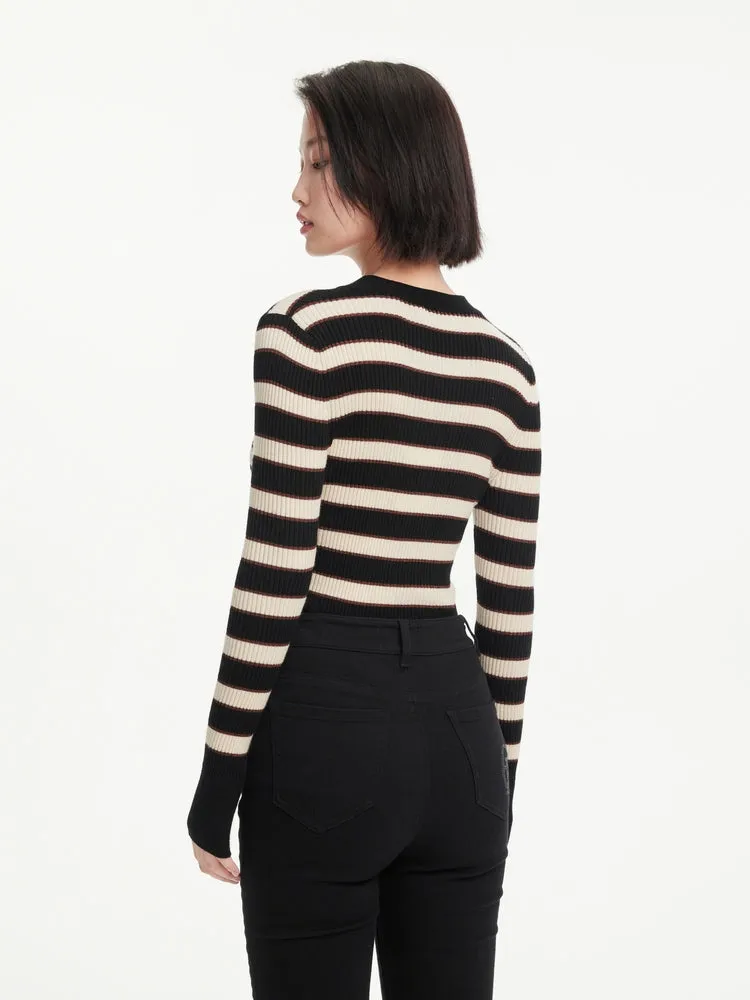 EP YAYING Navy Stripes Wool Knit Top