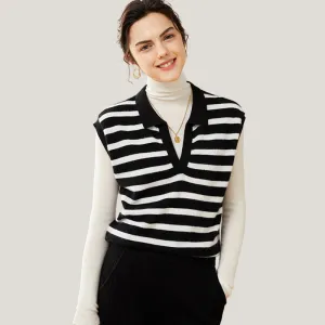 Fashion Striped Cashmere Polo Vest Black And White Wool Sweater For Women CP010