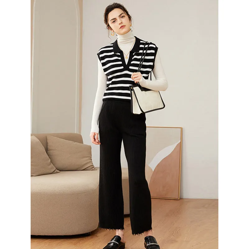 Fashion Striped Cashmere Polo Vest Black And White Wool Sweater For Women CP010