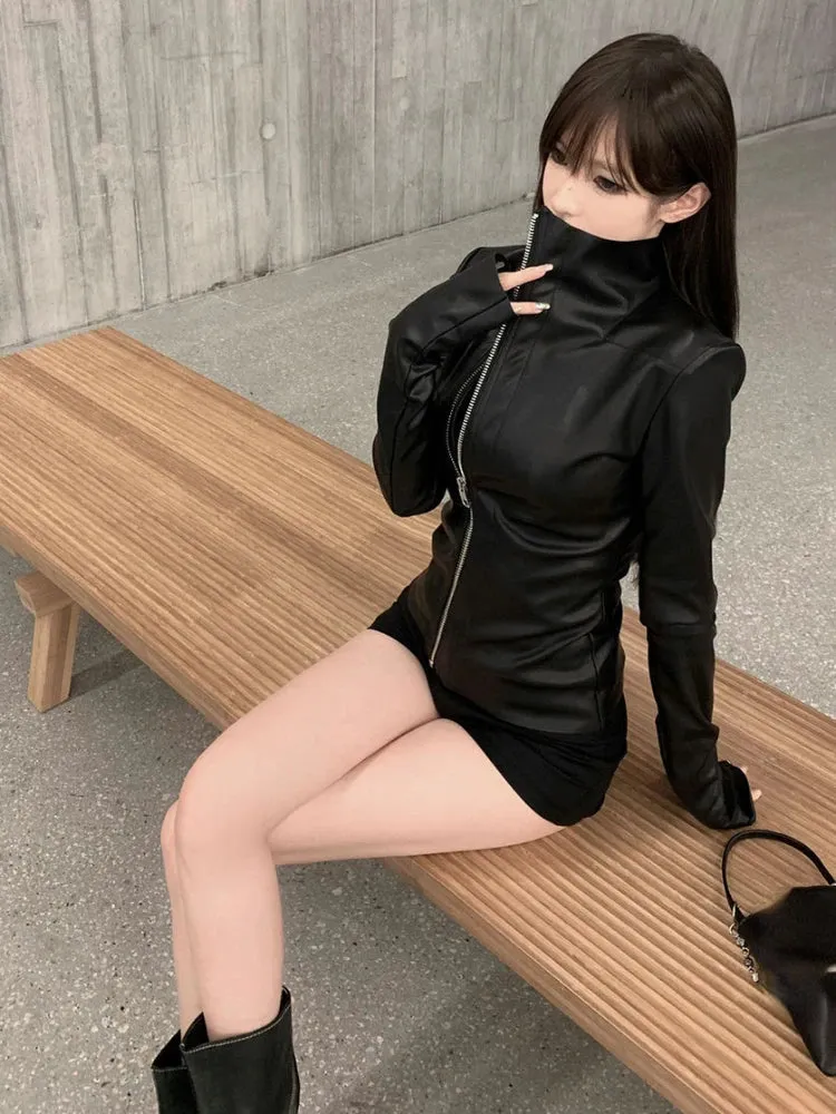 Fashionkova Christmas Gift Outfit  Streetwear Solid Women PU Jackets Y2k Aesthetic Zipper Slim Fit Cropped Elastic Coats Harajuku Casual Black Punk Mujer Chaqueta