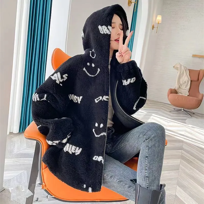 Fashionkova  Jackets For Women 2022 Winter Cashmere Chic Printing Hooded Fashion Street Outerwear Sweet Casual College Women's Jacket Coat