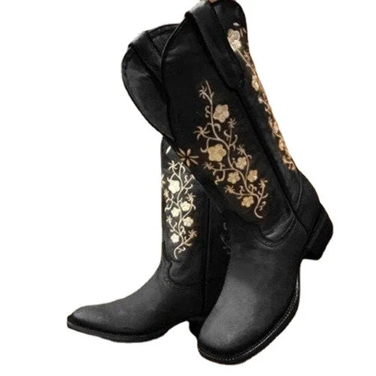 Fashionkova western outfits women plus Size Women's Boots Thick Heel round Toe Vintage Embroidered Knight Boots Women Martin Boots Women