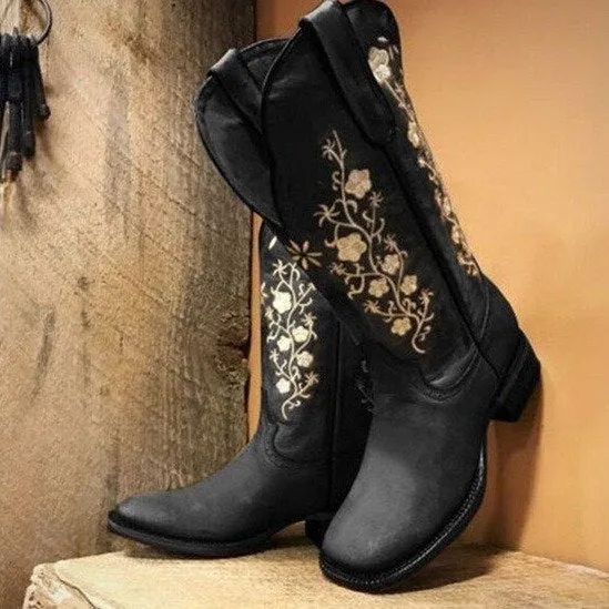 Fashionkova western outfits women plus Size Women's Boots Thick Heel round Toe Vintage Embroidered Knight Boots Women Martin Boots Women