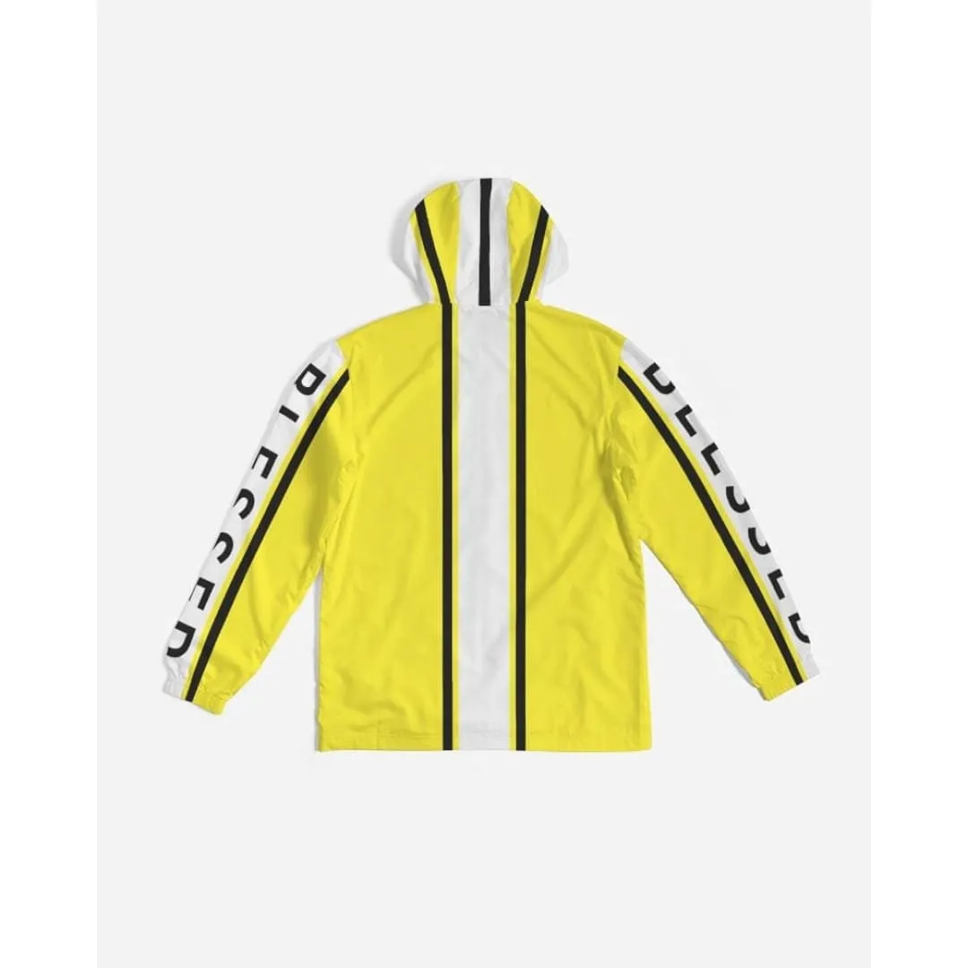 Mens Hooded Windbreaker - Blessed Sleeve Stripe Yellow Water Resistant Jacket - J7ta0x