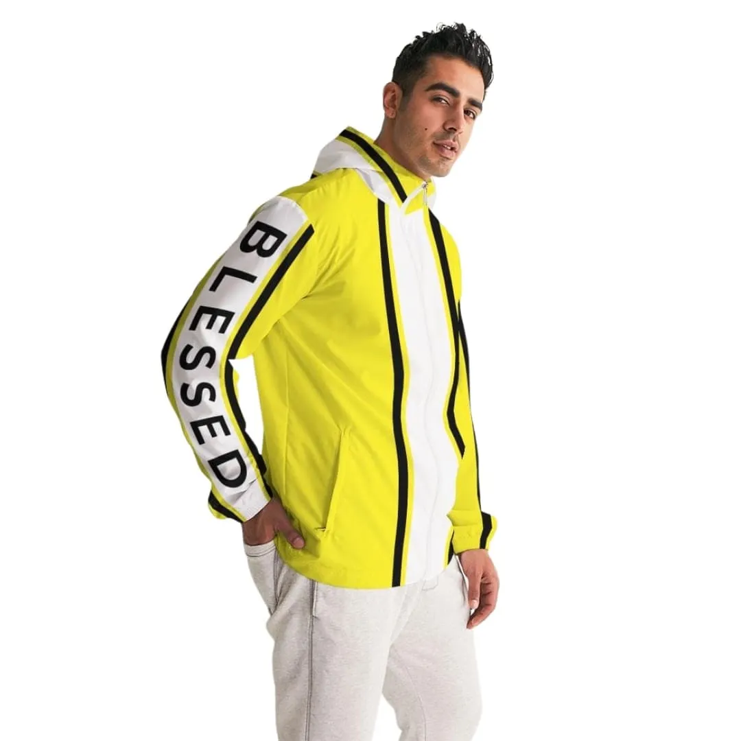 Mens Hooded Windbreaker - Blessed Sleeve Stripe Yellow Water Resistant Jacket - J7ta0x