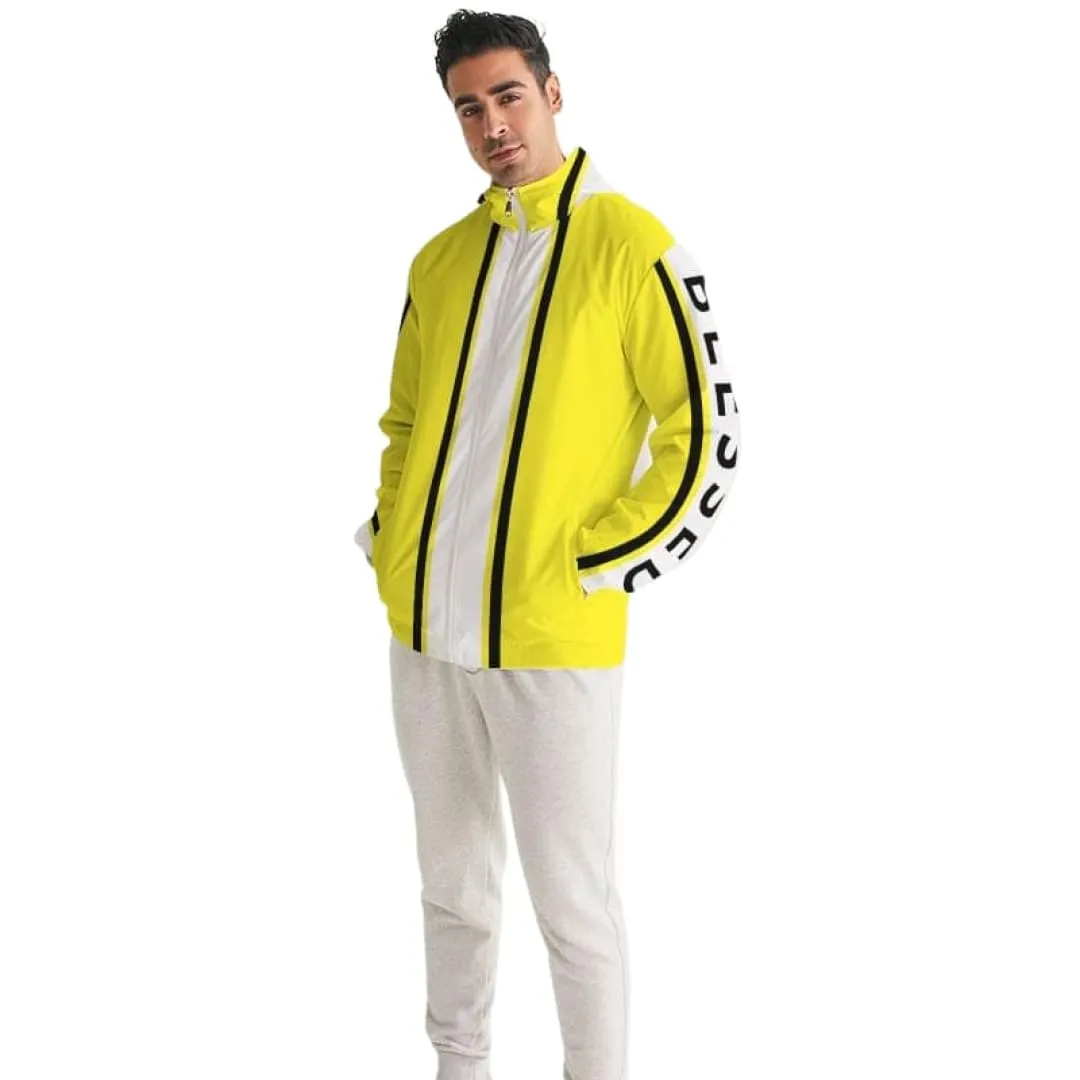 Mens Hooded Windbreaker - Blessed Sleeve Stripe Yellow Water Resistant Jacket - J7ta0x