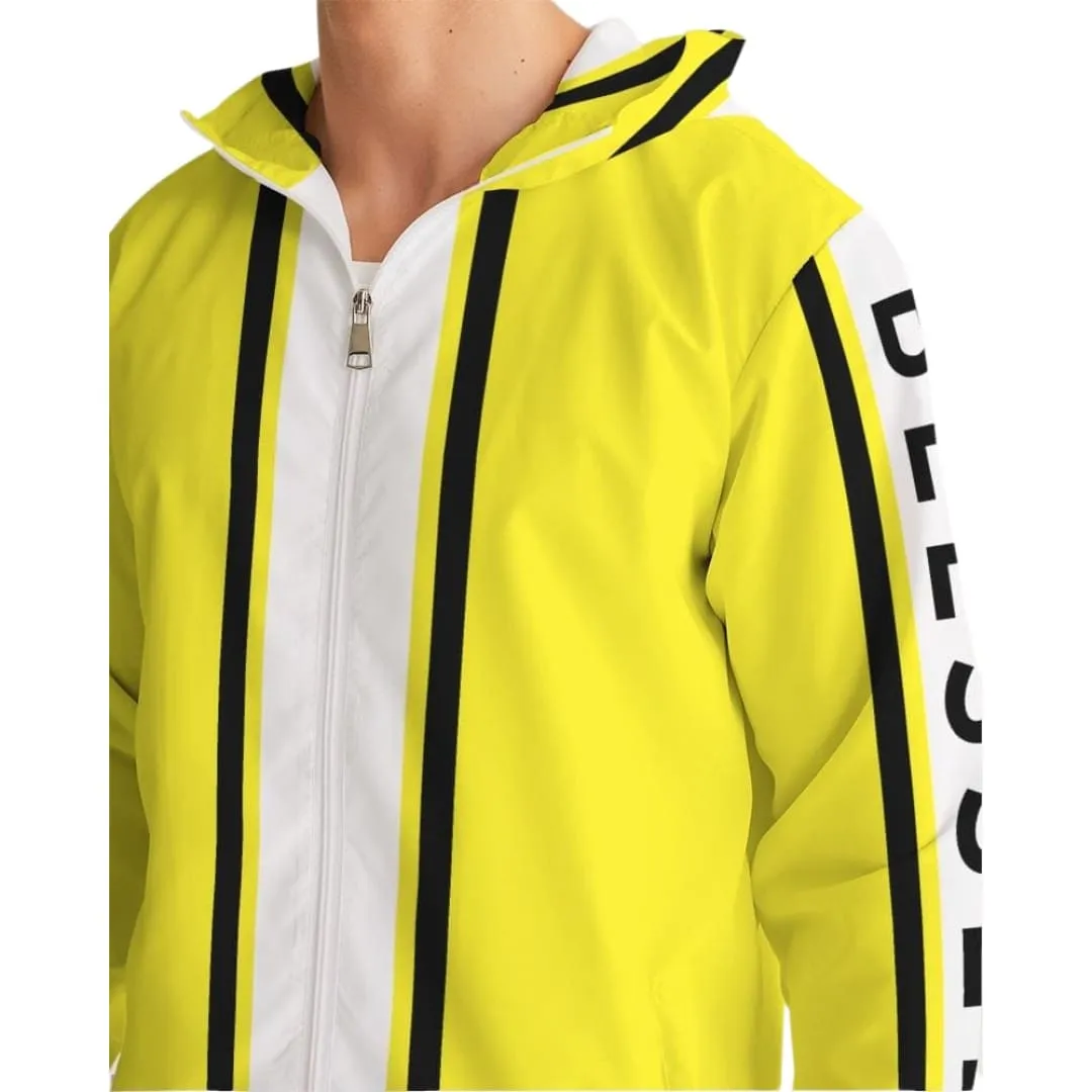 Mens Hooded Windbreaker - Blessed Sleeve Stripe Yellow Water Resistant Jacket - J7ta0x