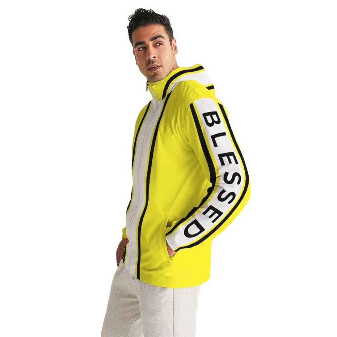 Mens Hooded Windbreaker - Blessed Sleeve Stripe Yellow Water Resistant Jacket - J7ta0x