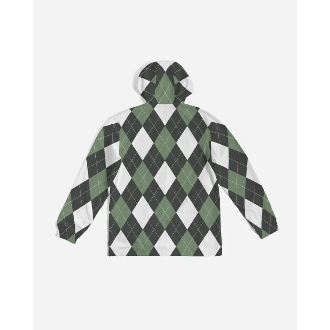 Mens Hooded Windbreaker, Green And White Plaid Tartan Pattern - Jjr60x