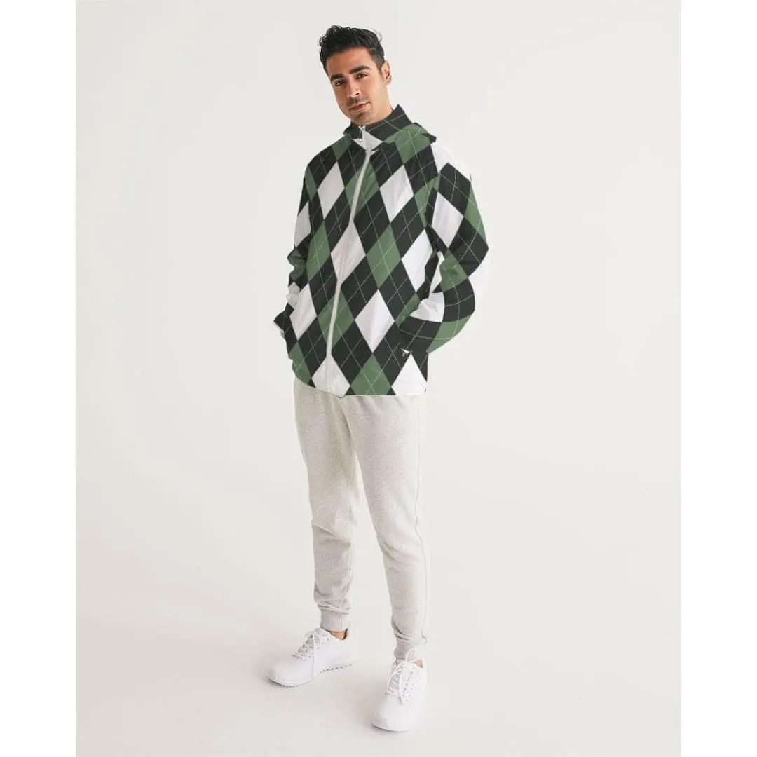 Mens Hooded Windbreaker, Green And White Plaid Tartan Pattern - Jjr60x