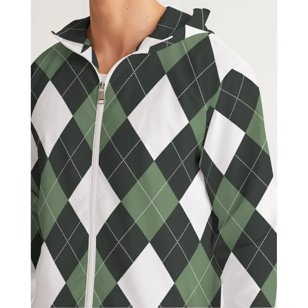 Mens Hooded Windbreaker, Green And White Plaid Tartan Pattern - Jjr60x