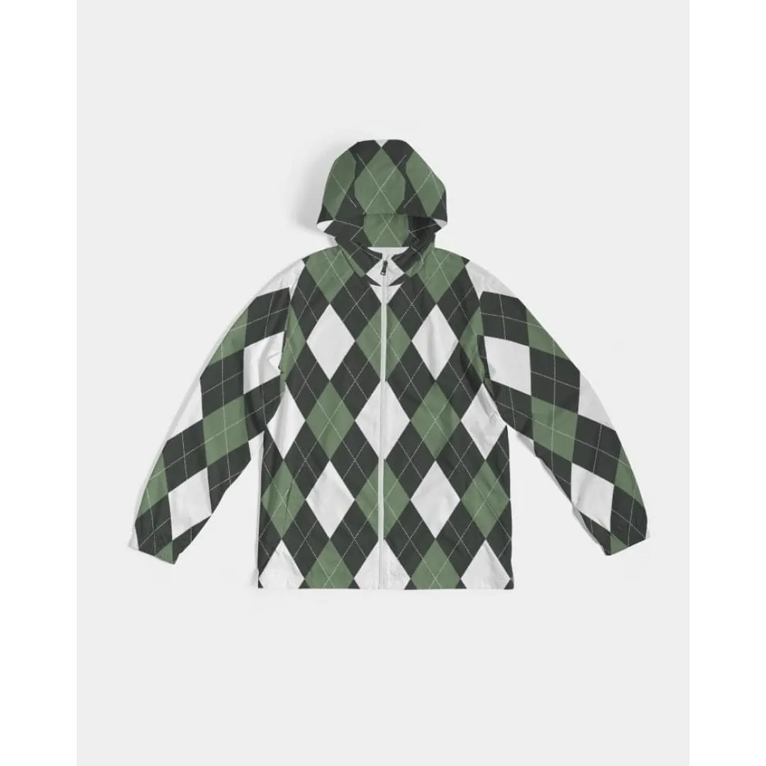 Mens Hooded Windbreaker, Green And White Plaid Tartan Pattern - Jjr60x