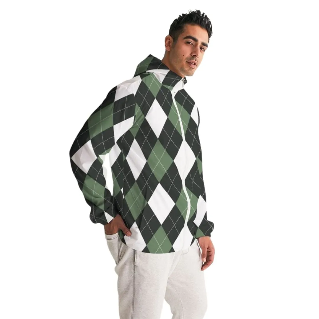 Mens Hooded Windbreaker, Green And White Plaid Tartan Pattern - Jjr60x