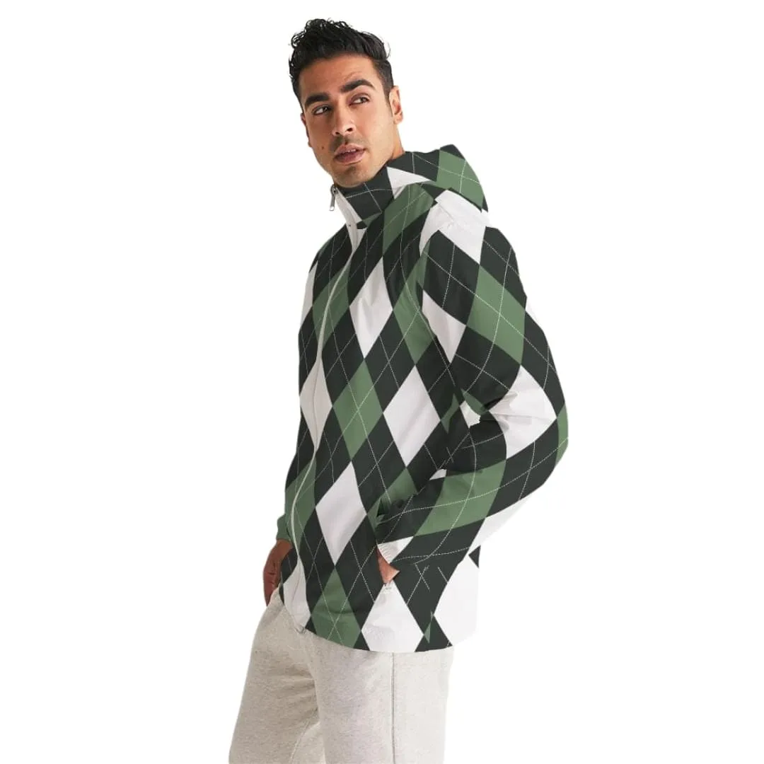 Mens Hooded Windbreaker, Green And White Plaid Tartan Pattern - Jjr60x