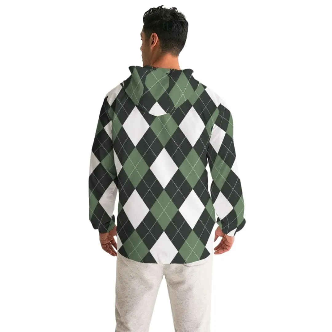 Mens Hooded Windbreaker, Green And White Plaid Tartan Pattern - Jjr60x