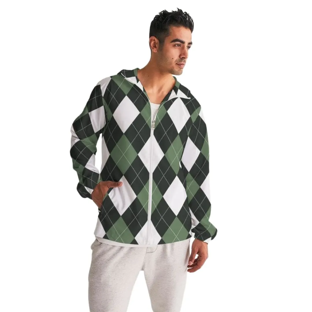 Mens Hooded Windbreaker, Green And White Plaid Tartan Pattern - Jjr60x