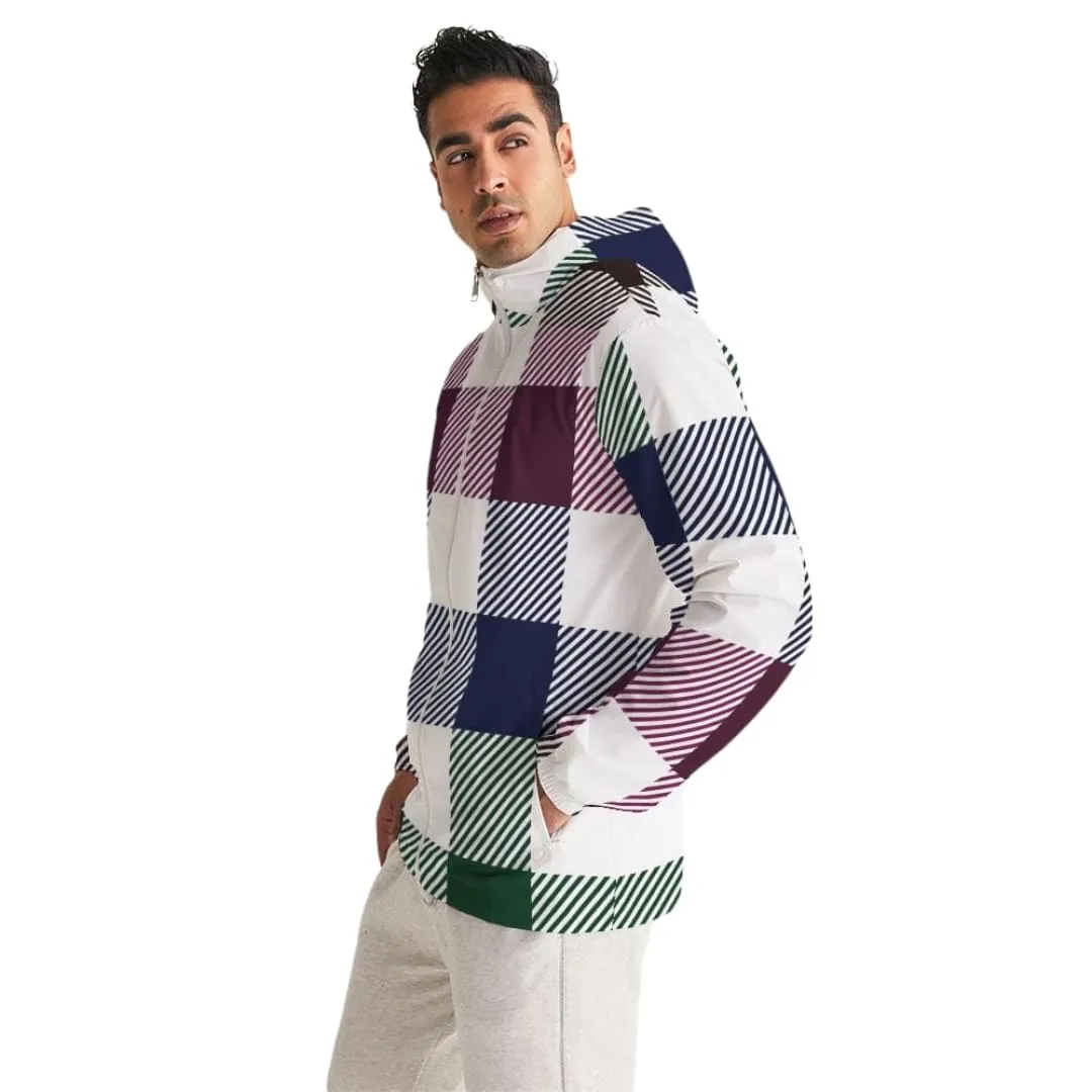 Mens Hooded Windbreaker, Multicolor Water Resistant Colorblock Plaid Jacket