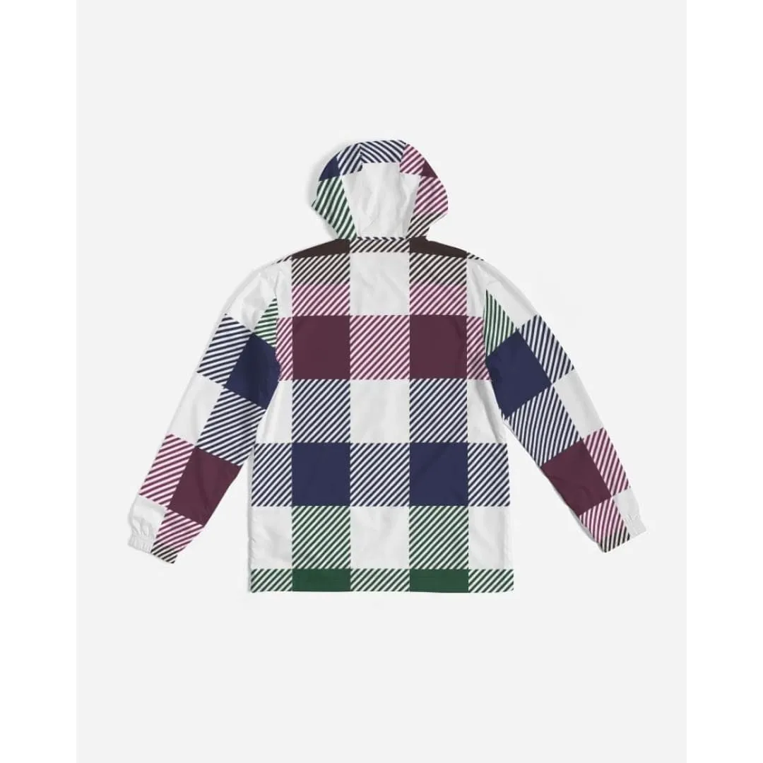 Mens Hooded Windbreaker, Multicolor Water Resistant Colorblock Plaid Jacket