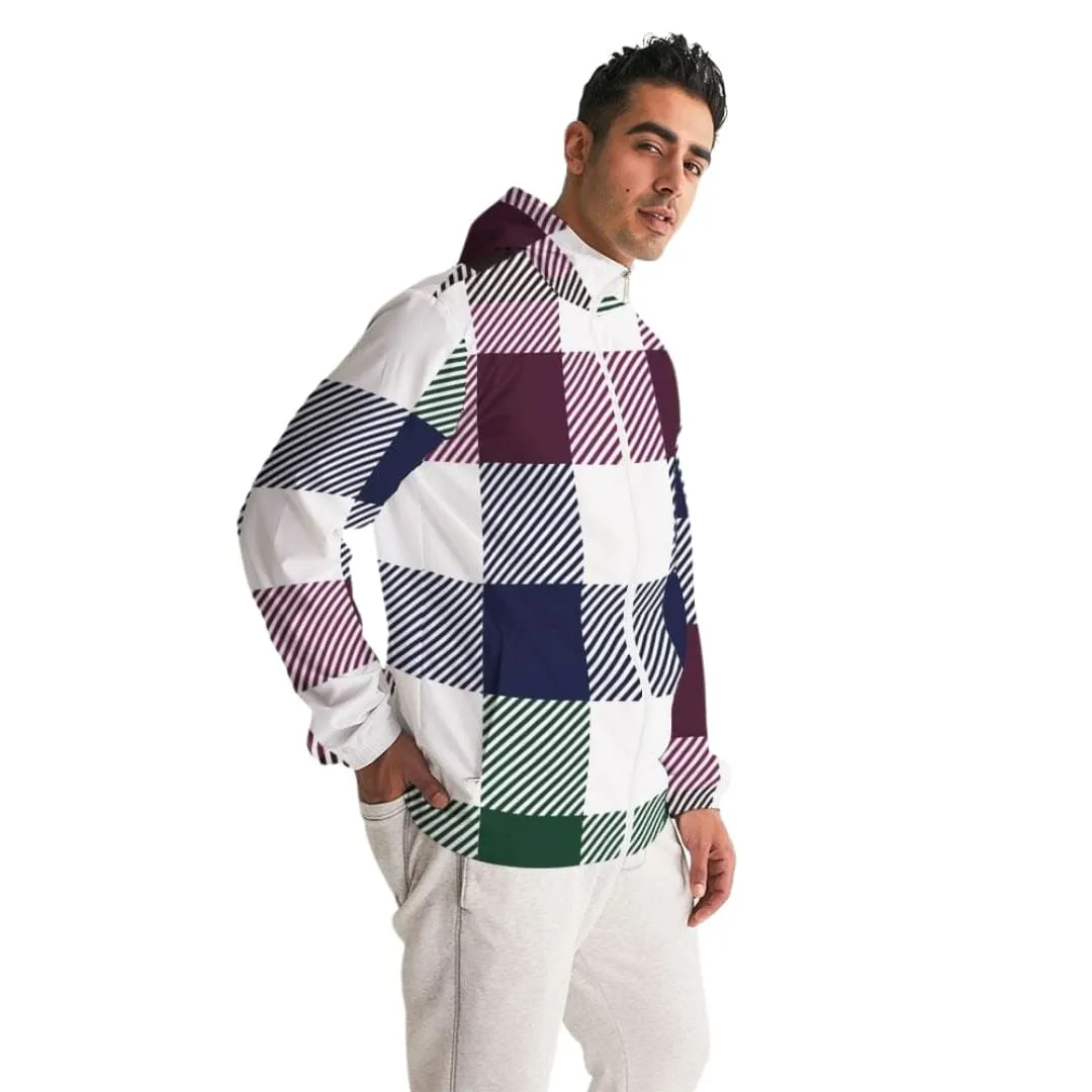 Mens Hooded Windbreaker, Multicolor Water Resistant Colorblock Plaid Jacket