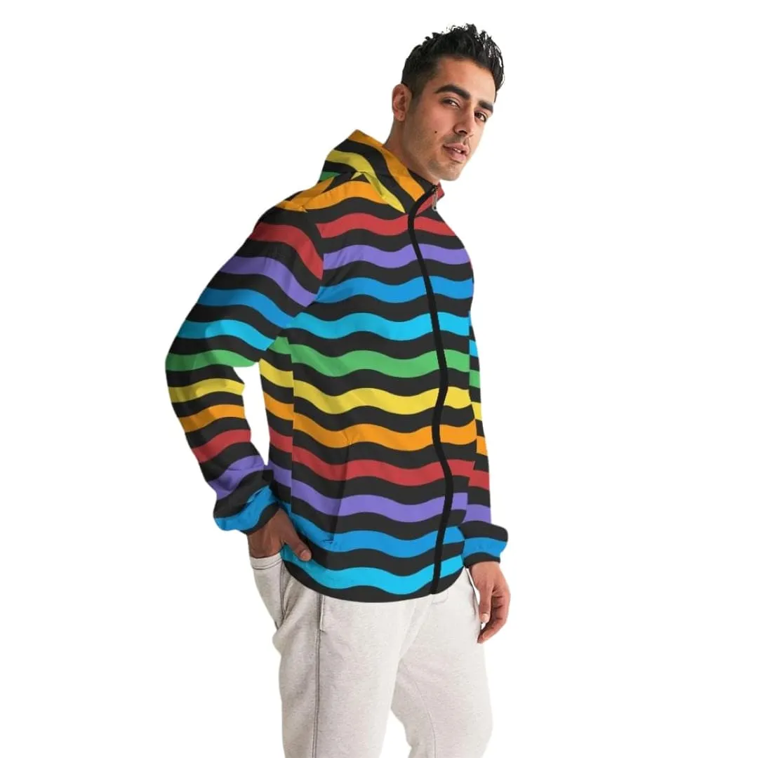 Mens Hooded Windbreaker - Rainbow Striped Water Resistant Jacket