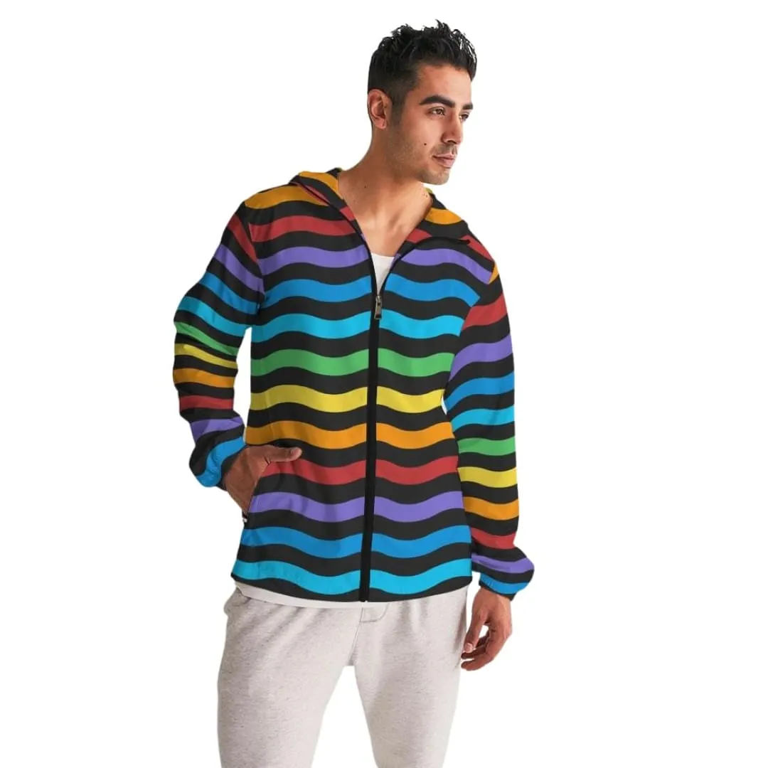 Mens Hooded Windbreaker - Rainbow Striped Water Resistant Jacket