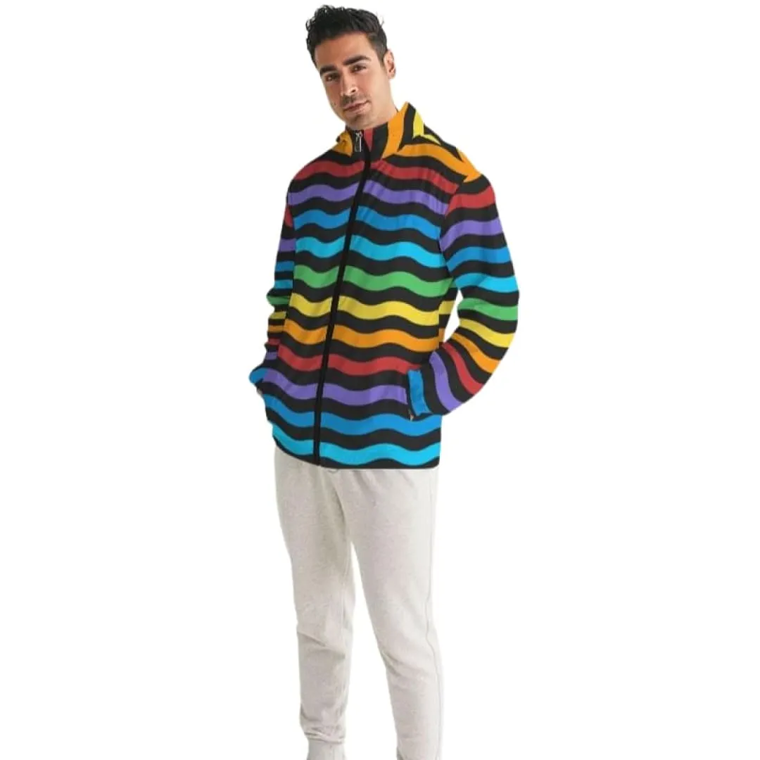 Mens Hooded Windbreaker - Rainbow Striped Water Resistant Jacket