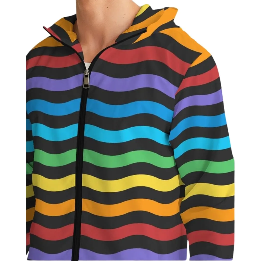 Mens Hooded Windbreaker - Rainbow Striped Water Resistant Jacket