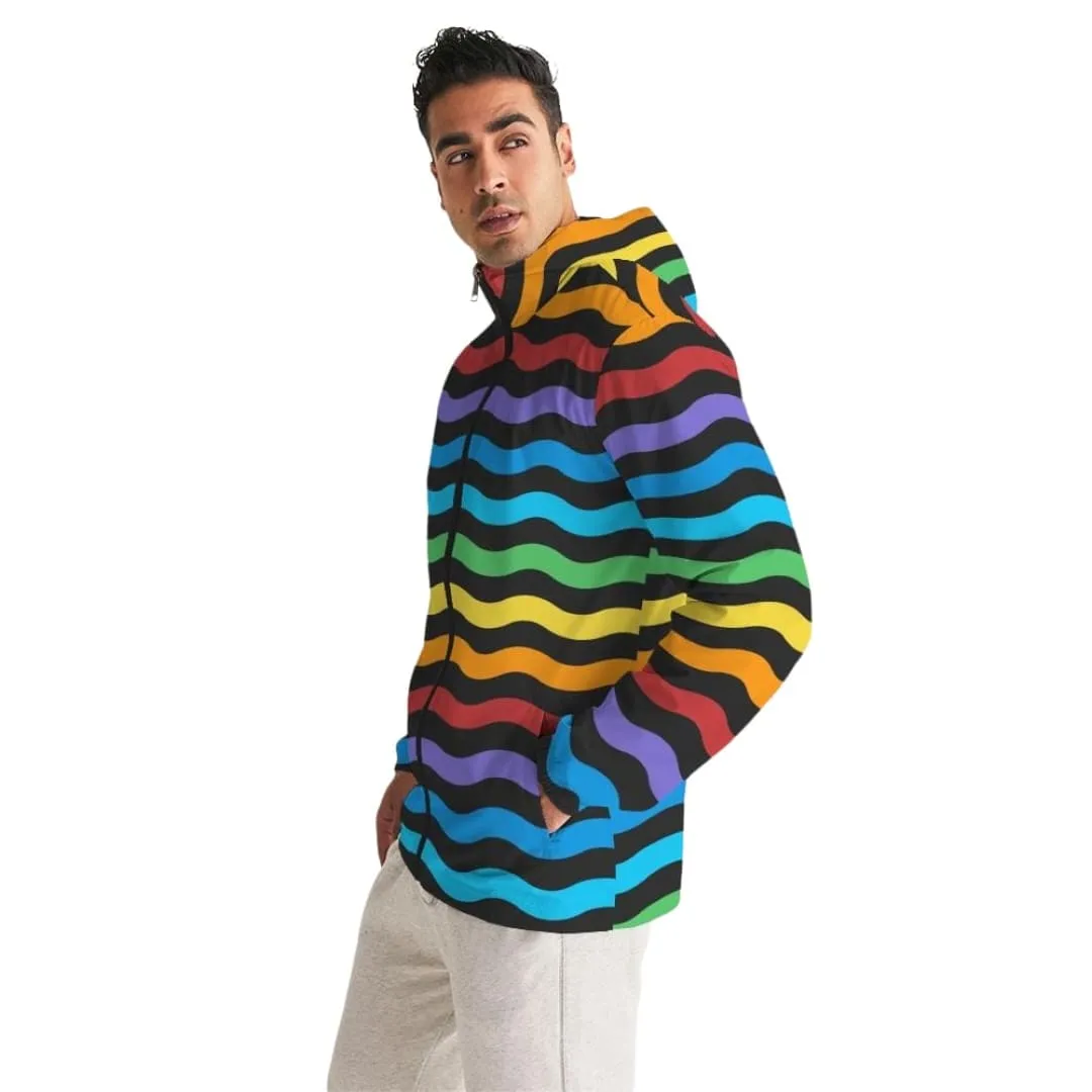 Mens Hooded Windbreaker - Rainbow Striped Water Resistant Jacket