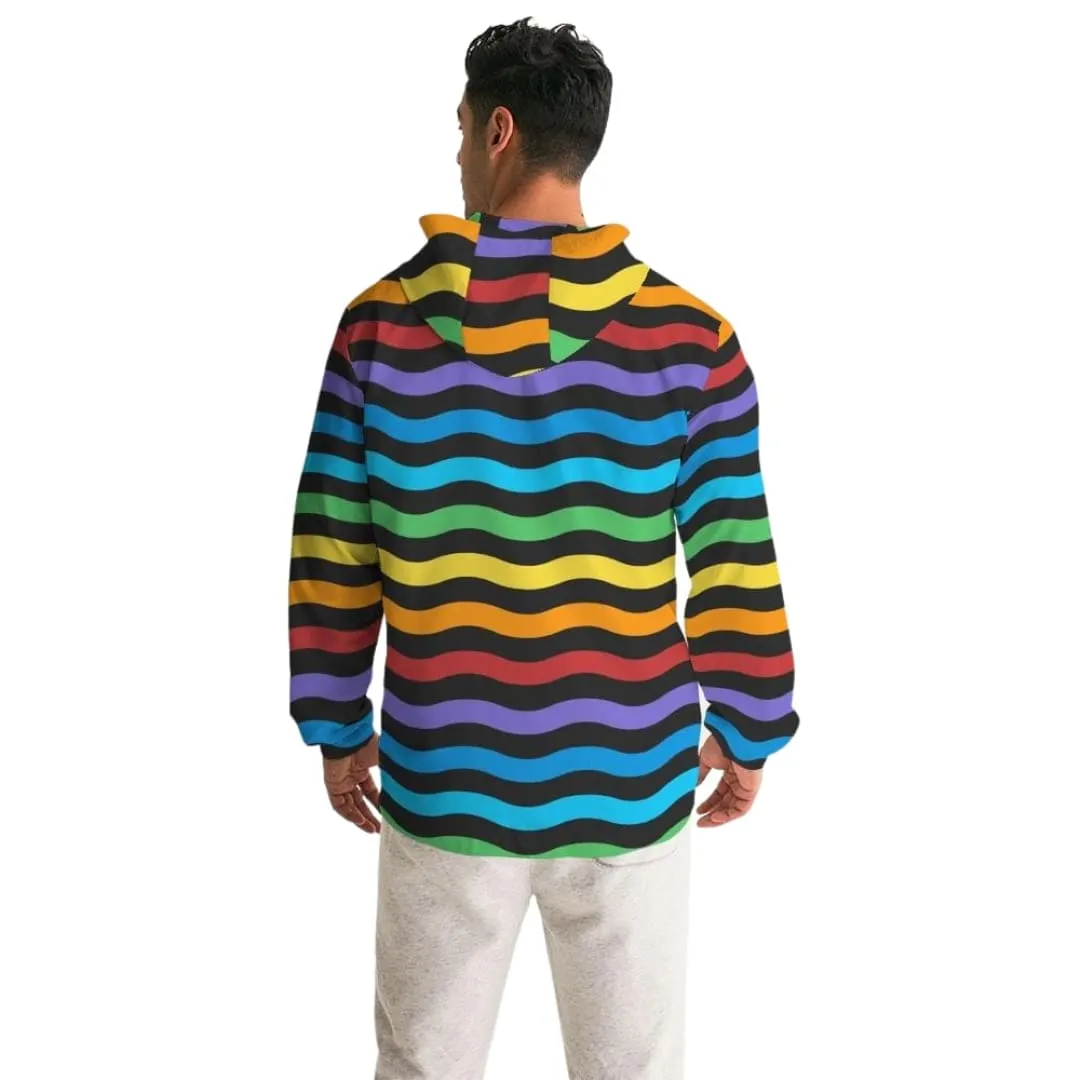 Mens Hooded Windbreaker - Rainbow Striped Water Resistant Jacket