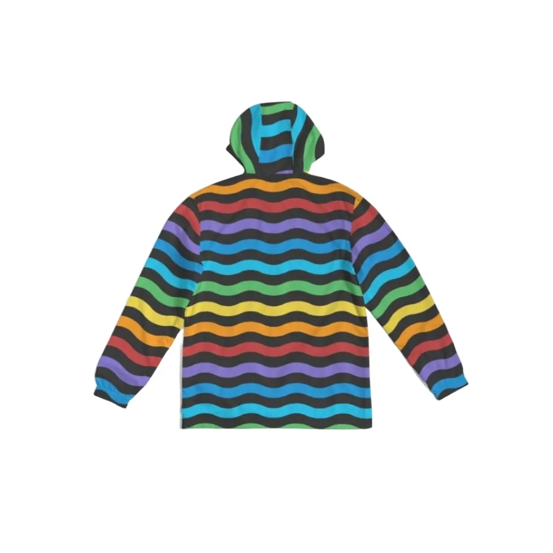 Mens Hooded Windbreaker - Rainbow Striped Water Resistant Jacket