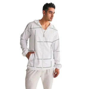 Mens Hooded Windbreaker - White Grid Pattern Water Resistant Jacket