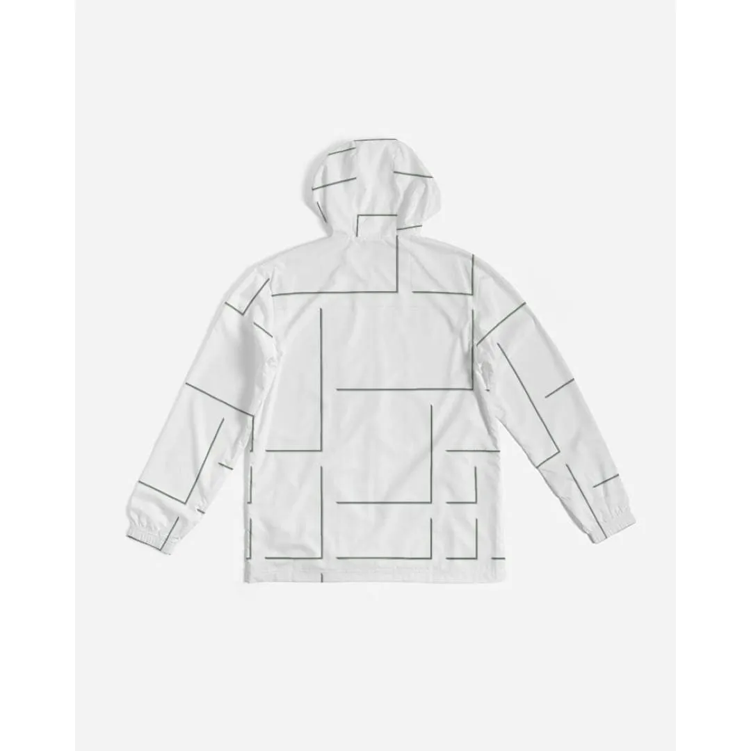 Mens Hooded Windbreaker - White Grid Pattern Water Resistant Jacket