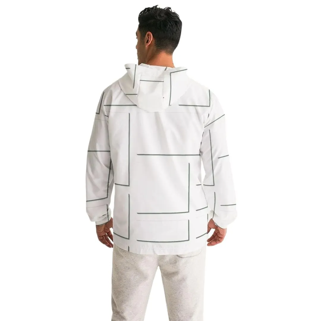 Mens Hooded Windbreaker - White Grid Pattern Water Resistant Jacket