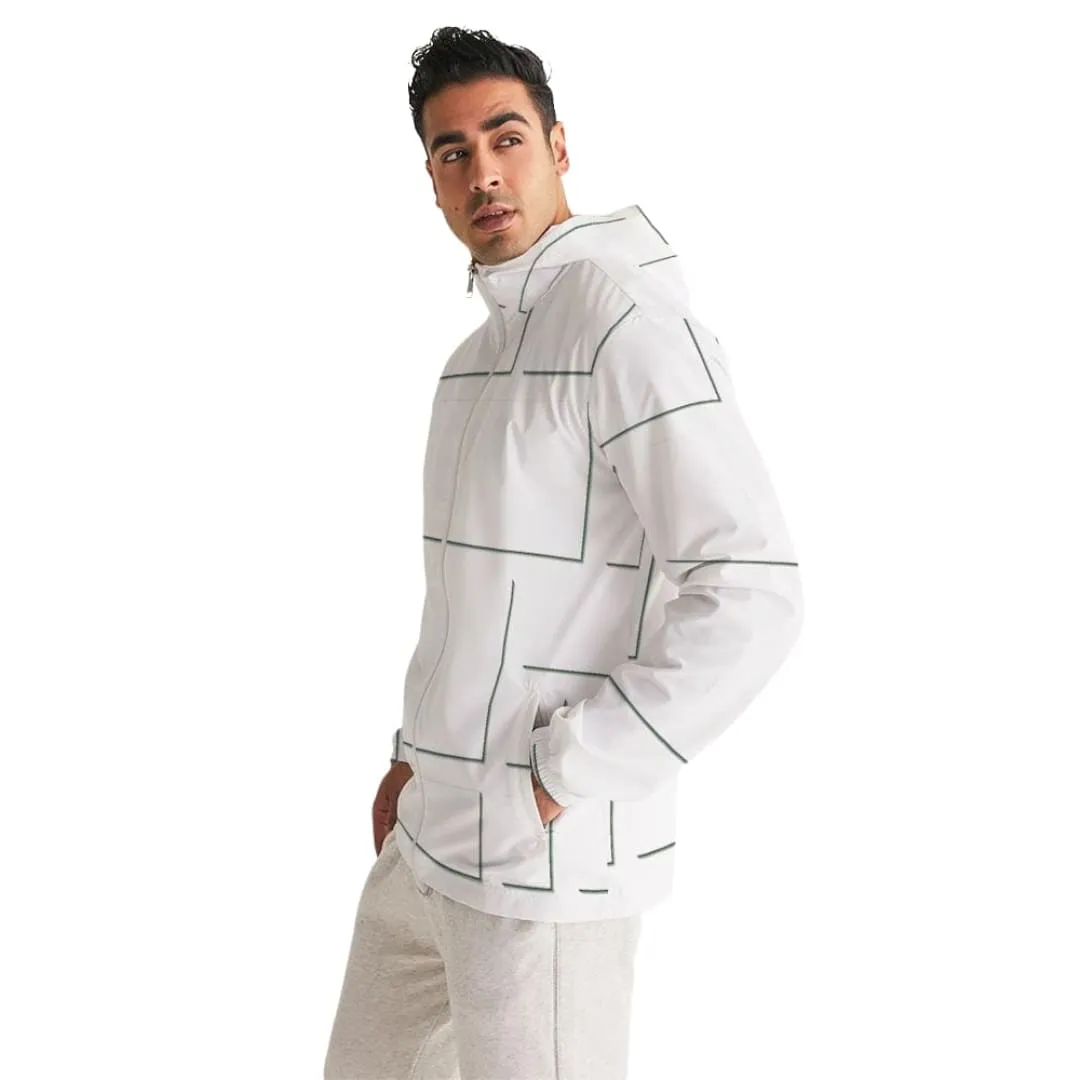 Mens Hooded Windbreaker - White Grid Pattern Water Resistant Jacket