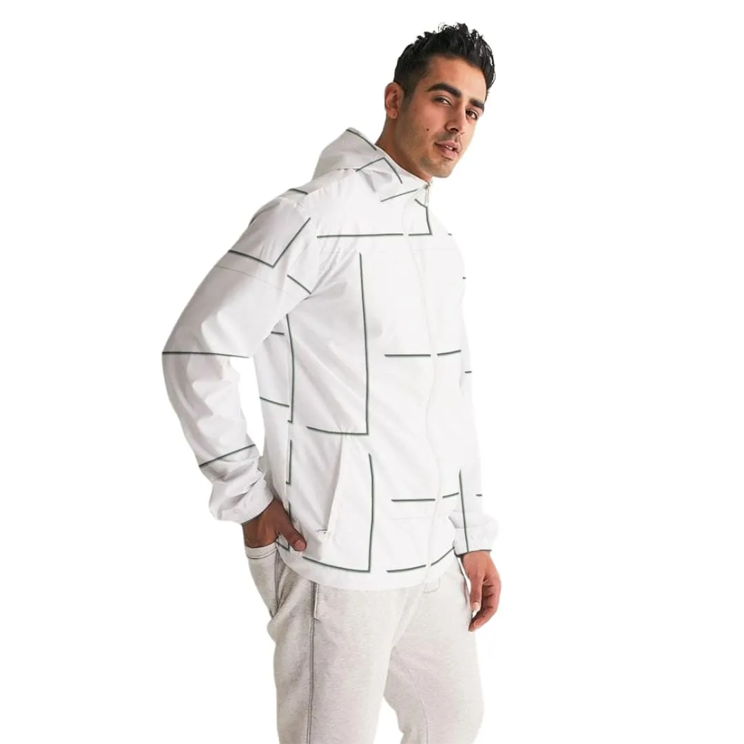 Mens Hooded Windbreaker - White Grid Pattern Water Resistant Jacket