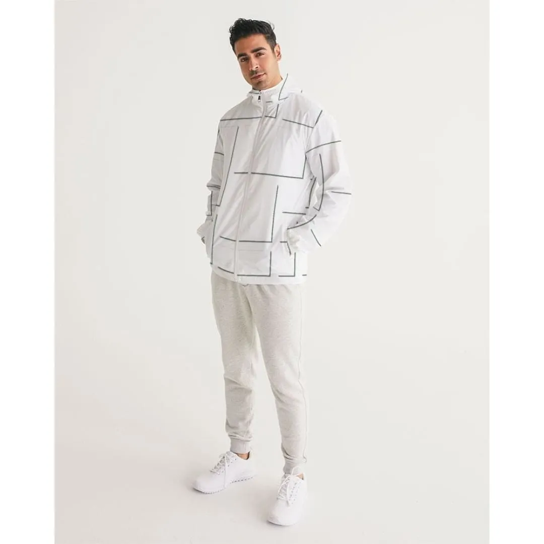 Mens Hooded Windbreaker - White Grid Pattern Water Resistant Jacket