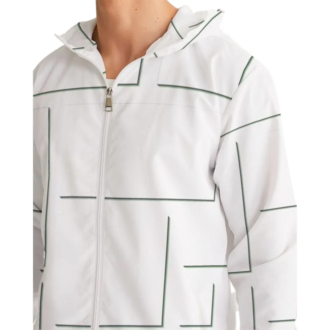 Mens Hooded Windbreaker - White Grid Pattern Water Resistant Jacket