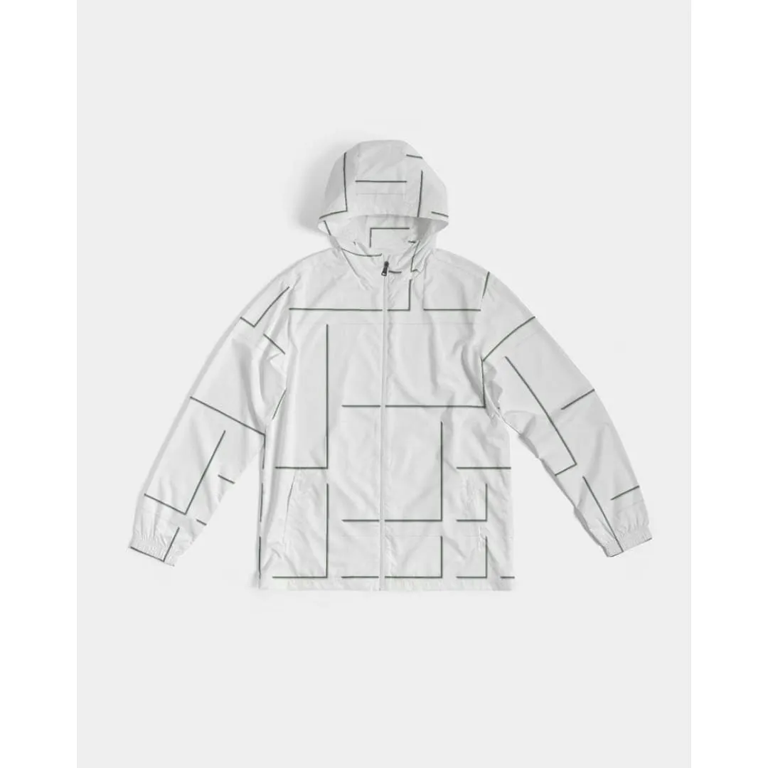 Mens Hooded Windbreaker - White Grid Pattern Water Resistant Jacket